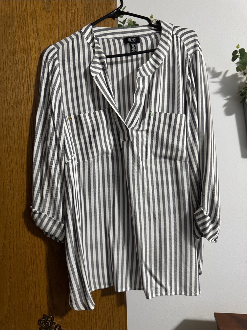 Jones New York Black and White Vertical Stripe Button-Front Tunic